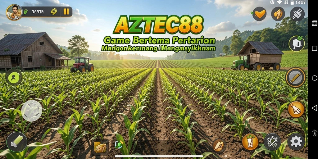 Tangkapan layar dari gameplay <strong>AZTEC88</strong> yang menunjukkan aktivitas bertani yang seru.