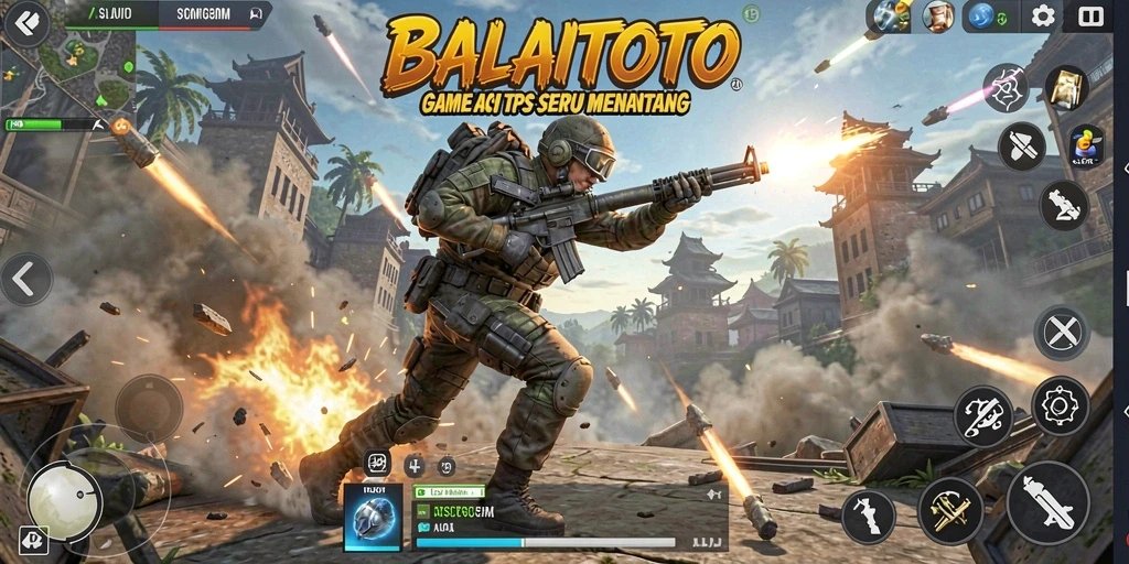 Screenshot gameplay BALAITOTO menampilkan aksi tembak-tembakan di dalam peta yang menegangkan.