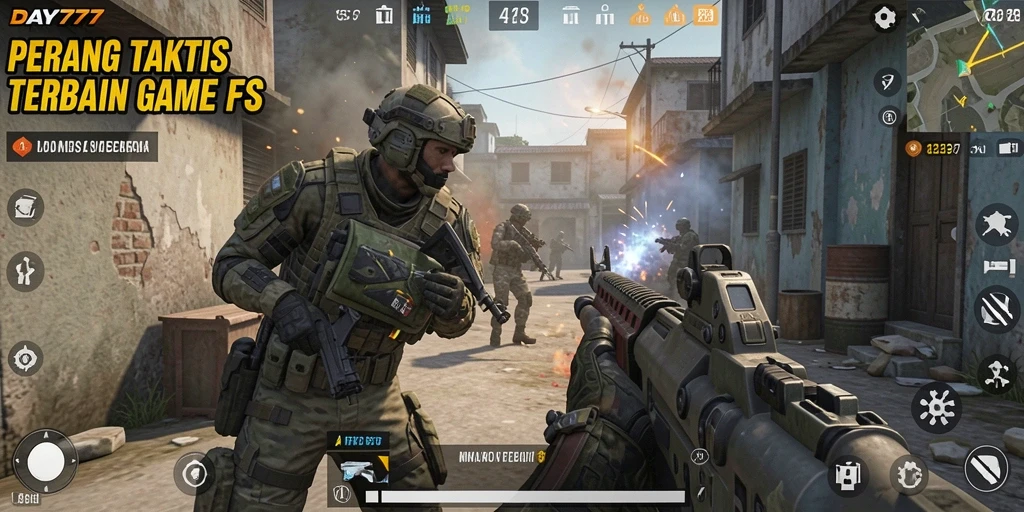 Screenshot utama DAY777 menampilkan aksi tembak-menembak yang intens dalam mode FPS.
