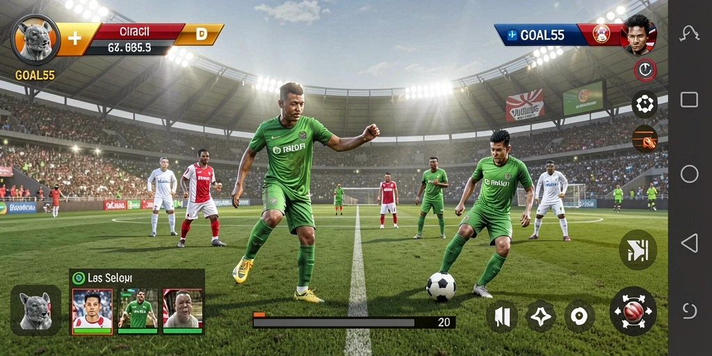 Tampilan gameplay GOAL55 dalam membangun tim sepak bola.