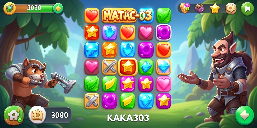 Tampilan gameplay KAKA303 yang menampilkan permata berwarna-warni dan tantangan mencocokkan.