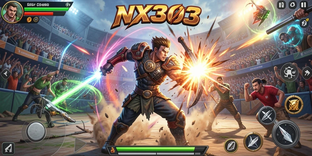 Screenshot gameplay NX303 menampilkan pertarungan yang intens dan mendalam.