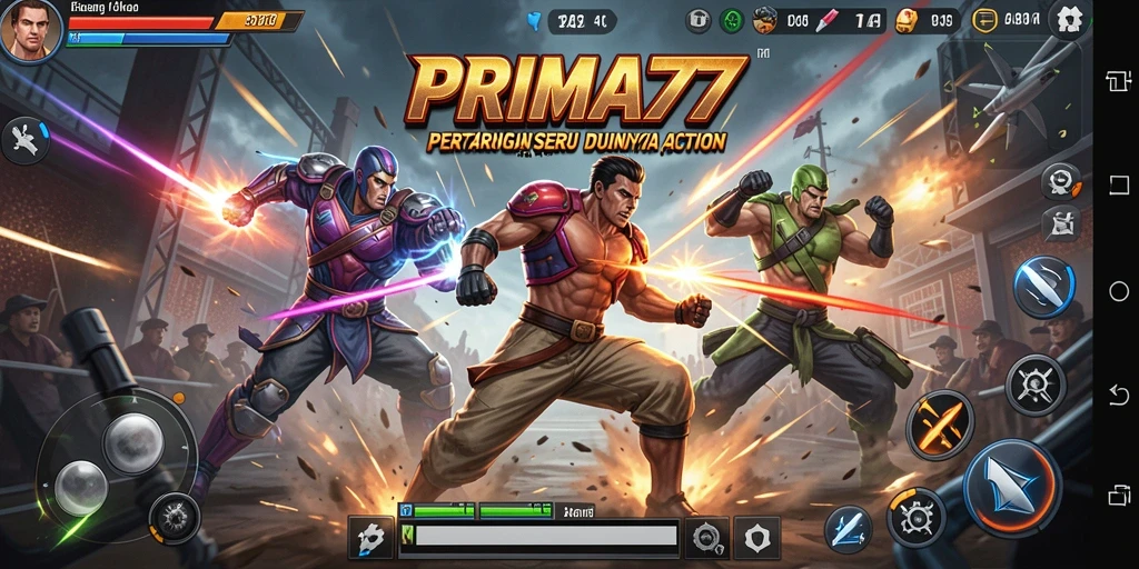 Screenshot PRIMA77 menunjukkan aksi pertempuran yang intens dan mendebarkan.