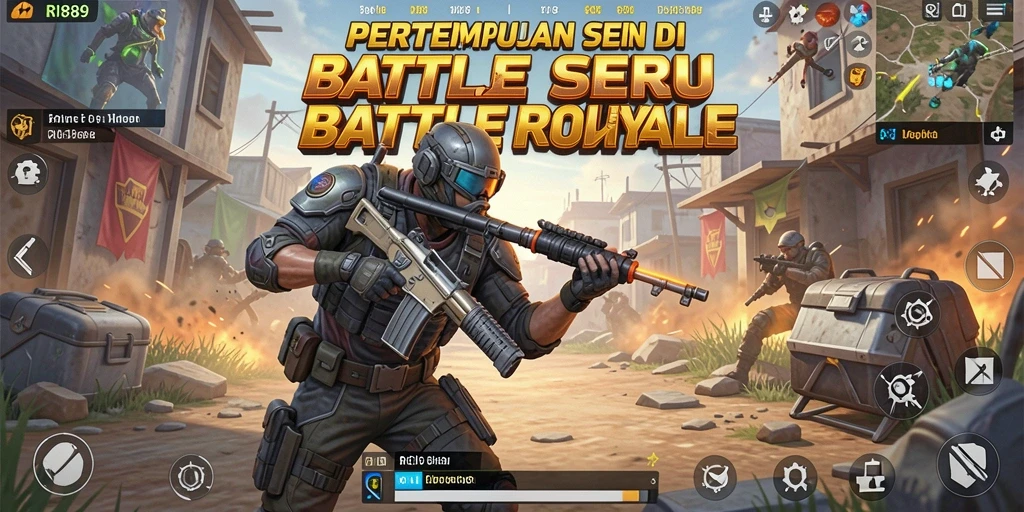 Screenshot utama RI889 menampilkan aksi pertempuran Battle Royale yang seru.