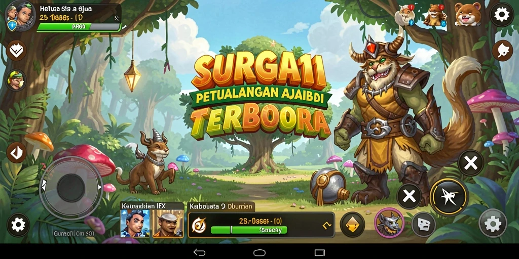 Tampilan screeshot SURGA11 menampilkan karakter petualang di tengah hutan lebat.