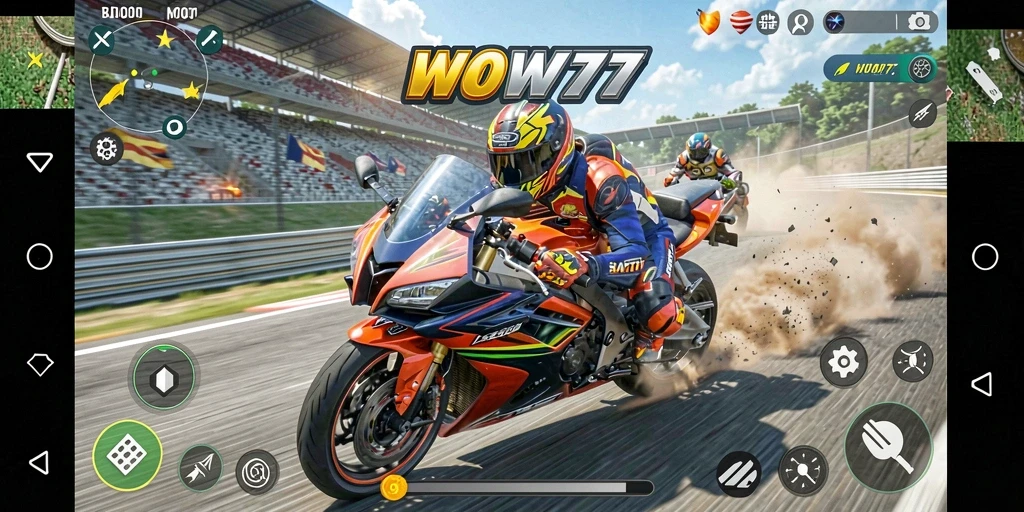 Tampilan gameplay balapan motor yang menegangkan di WOW77.