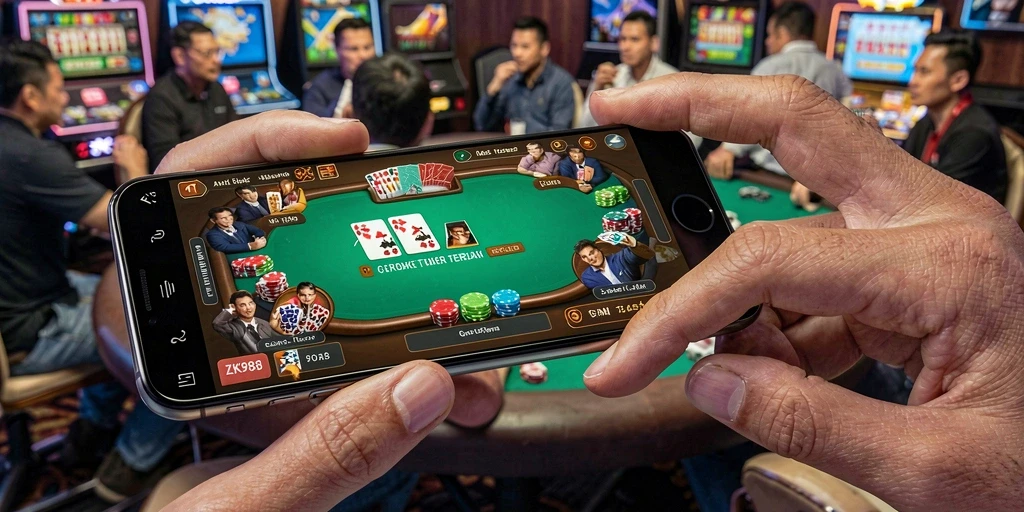 Screenshot gameplay ZK988 menampilkan aksi Poker yang mendebarkan.